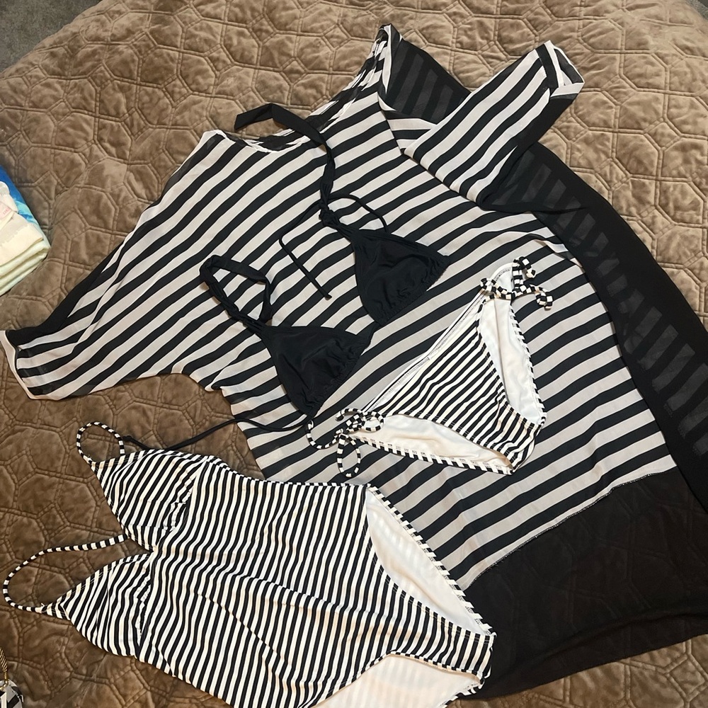 Striped Black and White Swimwear Set